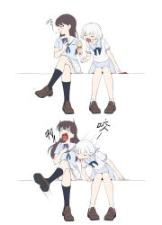 2girls absurdres anglediana bang_dream! bang_dream!_it&#039;s_mygo!!!!! black_socks blue_eyes blue_neckerchief blue_shirt brown_hair brown_shoes cellphone chinese_commentary commentary_request crossed_legs distracted eating fang food food_on_face food_theft hanasakigawa_school_uniform highres holding holding_ice_cream_cone holding_phone ice_cream ice_cream_cone kaname_raana kneehighs loafers mole mole_under_eye multiple_girls neckerchief open_mouth phone pleated_skirt purple_eyes school_uniform serafuku shiina_taki shirt shoes short_hair short_sleeves skirt smartphone smile socks soft_serve white_hair white_shirt white_skirt white_socks yellow_eyes
