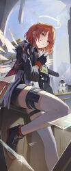 1girl absurdres arknights assault_rifle black_jacket broken_glass brown_eyes cowboy_shot dress exusiai_(arknights) fingerless_gloves glass gloves gun halo highres holding holding_gun holding_weapon jacket red_hair rifle satellite999 solo_focus twintails w weapon white_dress
