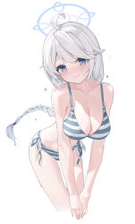 1girl absurdres ahoge bikini blue_archive blue_eyes blue_halo blush braid breasts embarrassed halo highres kirino_(blue_archive) large_breasts leaning_forward long_hair looking_at_viewer luo_shu side-tie_bikini_bottom single_braid smile solo striped_bikini striped_clothes swimsuit very_long_hair white_background white_hair