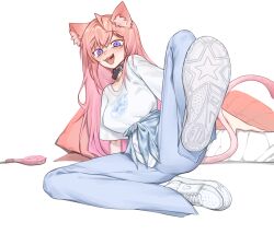 1girl absurdres animal_ears blue_eyes blush cat_ears cat_tail fang highres long_hair looking_at_viewer open_mouth pink_hair pinkuuo tail