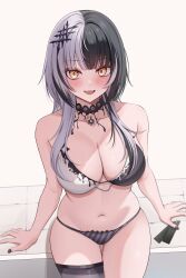 1girl 7nopi :d absurdres black_bra black_hair black_nails black_panties blunt_bangs bra breasts cleavage commentary cowboy_shot gluteal_fold grey_hair highres hololive hololive_english lace lace-trimmed_panties lace_trim large_breasts light_blush long_hair looking_at_viewer meiji_black_chocolate multicolored_bra multicolored_hair nail_polish navel open_mouth panties shiori_novella simple_background single_thighhigh smile solo split-color_hair stomach teeth thigh_gap thighhighs two-tone_hair underwear underwear_only upper_teeth_only virtual_youtuber white_bra yellow_eyes
