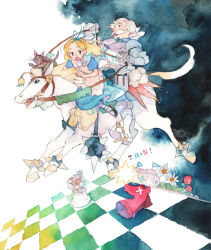 1boy 1girl 21grams alice_(alice_in_wonderland) alice_in_wonderland apron armor black_background black_cat black_footwear blonde_hair blue_dress blue_eyes blue_pantyhose blue_ribbon blue_shirt blue_sleeves castle cat chess_piece chessboard child commentary_request crossed_bandaids dress facial_hair flower frilled_apron frills full_armor grey_armor hair_ribbon height_difference holding holding_reins horseback_riding king knight long_hair loose_hair_strand mace mary_janes medium_dress mustache old old_man open_mouth original painting_(medium) pantyhose puffy_short_sleeves puffy_sleeves red_flower red_rose reins ribbon riding rose shirt shoes short_hair short_sleeves smile star_(symbol) striped_clothes striped_pantyhose traditional_media turtleneck two-tone_background two-tone_pantyhose watercolor_(medium) weapon white_apron white_background white_flower white_hair white_pantyhose