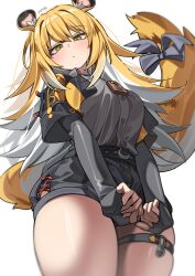1girl absurdres animal_ear_fluff animal_ears bell blonde_hair bow breasts closed_mouth colored_inner_hair commentary_request cropped_jacket fingerless_gloves from_below gloves green_eyes grey_bow grey_gloves grey_shirt high-waist_shorts highres jacket jingle_bell ju_fufu long_hair looking_at_viewer multicolored_hair open_clothes open_jacket rirua_(kjom802) shirt short-sleeved_jacket short_sleeves shorts simple_background skindentation solo striped_fur striped_hair tail tail_bow tail_ornament thigh_strap tiger_ears tiger_girl tiger_stripes tiger_tail white_background white_hair yellow_jacket zenless_zone_zero