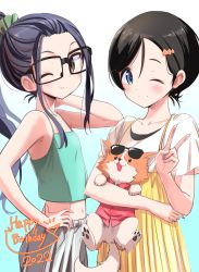 2girls animal birthday black_hair blue_eyes brown_eyes camisole chihuahua chikuwa_(yurucamp) dog dress eyewear_on_head flat_chest glasses gradient_background happy_birthday highres layered_dress long_hair midriff multiple_girls n2midori one_eye_closed oogaki_chiaki ponytail saitou_ena short_hair smile sunglasses v yurucamp