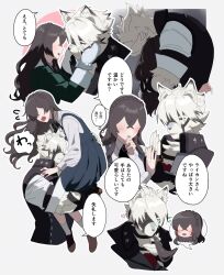 1boy 1girl artist_request black_gloves black_hair black_vest body_fur carrying child_carry commentary_request dress faceless faceless_female fingerless_gloves fingernails furry furry_male furry_with_non-furry gloves grey_background hands_on_another&#039;s_cheeks hands_on_another&#039;s_face hetero highres hug interspecies long_hair mittens multiple_views red_eyes second-party_source sharp_fingernails short_hair simple_background tail translation_request vest von_lycaon white_fur white_hair wolf_boy zenless_zone_zero