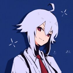 Rule 34 | 1girl, absurdres, ahoge, bartender, blue background, collared shirt, commentary, dana zane, dated, english commentary, hair between eyes, highres, looking at viewer, necktie, portrait, red eyes, red necktie, rnna, shirt, short hair, sidelocks, signature, simple background, solo, va-11 hall-a, white hair, white shirt