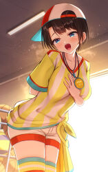 1girl blue_eyes blush brown_hair hat highres hololive looking_at_viewer oozora_subaru oozora_subaru_(1st_costume) open_mouth red_hat shirt shorts smile solo stopwatch stopwatch_around_neck striped_clothes striped_shirt takotakochan_1006 virtual_youtuber watch white_shirt white_shorts yellow_shirt