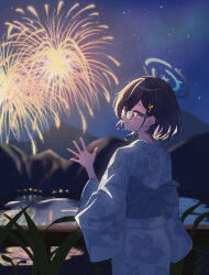 1girl absurdres aerial_fireworks blue_archive blue_hair blue_halo chihiro_(blue_archive) closed_mouth commentary_request fireworks floral_print floral_print_kimono from_behind glasses green-framed_eyewear grey_sash hair_ornament halo hand_up highres japanese_clothes kimono looking_at_viewer looking_back medium_hair night night_sky obi outdoors poipoi_v_game print_kimono rabbit_hair_ornament sash semi-rimless_eyewear sky smile solo star_(sky) starry_sky under-rim_eyewear white_kimono yukata