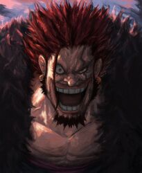 1boy arabic_commentary artist_name beard black_hair commentary earrings english_commentary evil_grin evil_smile eyelashes facial_hair facial_tattoo fur_trim grin happy highres jewelry laughing looking_at_viewer mixed-language_commentary multicolored_hair one_piece open_mouth red_hair rocks_d._xebec s7s_h short_hair smile solo spiked_hair spoilers streaked_hair tattoo twitter_username two-tone_hair