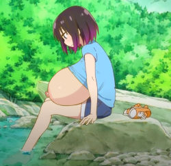 1girl breasts breasts_on_⁵ breasts_out elma_(maidragon) female_focus glasses gradient_background horn huge_nipples joylewds kobayashi-san_chi_no_maidragon large_breasts looking_at_viewer medium_hair nipples open_clothes rock sitting solo third-party_edit water