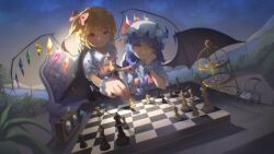 Rule 34 | 2girls, ascot, bat wings, bishop (chess), blonde hair, bow, cake stand, chair, chess clock, chess piece, chessboard, closed mouth, collared shirt, cup, fangs, fangs out, flandre scarlet, frilled shirt collar, frills, hair bow, hand on own cheek, hand on own face, hat, highres, holding, holding spoon, king (chess), kinoko (kino2435006), knight (chess), long hair, mob cap, multiple girls, no headwear, pawn (chess), puffy short sleeves, puffy sleeves, queen (chess), red bow, red eyes, red skirt, red vest, remilia scarlet, rook (chess), shirt, short sleeves, siblings, sisters, skirt, sky, slit pupils, smile, spoon, star (sky), starry sky, stirring, teacup, tiered tray, touhou, v-shaped eyebrows, vest, white hat, white shirt, wings, wrist cuffs, yellow ascot