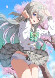 Rule 34 | 1girl, absurdres, black hairband, black sailor collar, blush, bow, bow panties, bowtie, breasts, cherry blossoms, commentary request, falling petals, firefly (honkai: star rail), firefly (spring missive) (honkai: star rail), fuyunash1, gradient hair, green bow, green bowtie, green pupils, grey hair, grey skirt, hair between eyes, hair intakes, hairband, highres, honkai: star rail, honkai (series), multicolored eyes, multicolored hair, one eye closed, open mouth, panties, petals, pink petals, plaid bow, plaid bowtie, plaid clothes, pleated skirt, sailor collar, skirt, solo, underwear, white panties, wind