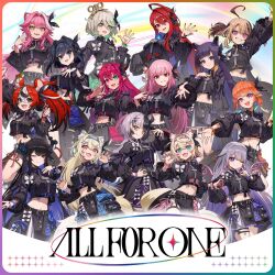 6+girls absurdres album_cover ankle_boots asymmetrical_clothes black_boots black_jacket black_pants black_shirt black_skirt black_thighhighs boots cecilia_immergreen collared_shirt cover cropped_jacket cropped_shirt elizabeth_rose_bloodflame fuwawa_abyssgard garter_straps gigi_murin grin hakos_baelz highres holoadvent holojustice hololive hololive_english hololive_english_idol_uniform_(all_for_one) hololive_idol_uniform_(color_rise) holomyth holopromise idol_clothes irys_(hololive) jacket koseki_bijou kuroi_susumu lace-up_boots looking_at_viewer midriff mococo_abyssgard mori_calliope multiple_girls navel nerissa_ravencroft ninomae_ina&#039;nis official_alternate_costume official_art one_eye_closed open_mouth ouro_kronii pants platform_boots raora_panthera reaching reaching_towards_viewer second-party_source shiori_novella shirt single_garter_strap single_pantsleg single_thighhigh skirt smile standing takanashi_kiara thigh_strap thighhighs virtual_youtuber waving