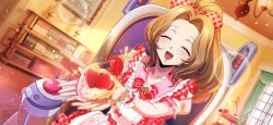 Rule 34 | 1girl, ^ ^, apron, arms up, artist request, bag, blurry, blurry background, blush, bokeh, bookshelf, bow, bowtie, brown hair, candy, chair, chocolate, chocolate heart, closed eyes, code geass, code geass: lost stories, collarbone, cupping hands, day, depth of field, dutch angle, facing viewer, female focus, flat chest, flower, food, forehead, frilled apron, frilled wristband, frills, fruit, game cg, hair bow, hair intakes, happy, heart, high ponytail, highres, holding, holding food, indoors, light blush, light particles, long hair, maid apron, non-web source, nunnally vi britannia, official art, on chair, open mouth, outstretched arms, own hands together, pink shirt, plaid bow, plastic bag, ponytail, powered wheelchair, puffy short sleeves, puffy sleeves, red bow, red bowtie, shirt, short sleeves, sitting, smile, solo, sparkle, strawberry, tiered tray, valentine, wheelchair, white apron, white flower, window