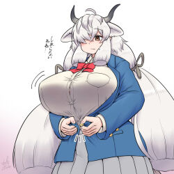 1girl blue_jacket blush bow bowtie breasts brown_eyes bursting_breasts button_gap collared_shirt commentary cowboy_shot extra_ears grey_skirt hair_between_eyes highres huge_breasts inconvenient_breasts jacket kemono_friends kemono_friends_3 long_hair long_sleeves looking_at_viewer mo23 official_alternate_costume ox_ears ox_girl ox_horns pleated_skirt red_bow red_bowtie school_uniform shirt skirt solo translated twintails undersized_clothes white_hair white_shirt yak_(kemono_friends)