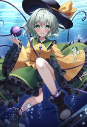 Rule 34 | 1girl, :d, absurdres, air bubble, ankle boots, black boots, black hat, blouse, blush, boots, breasts, bubble, buttons, contrast collar, diamond button, frilled shirt collar, frilled skirt, frilled sleeves, frills, full body, green eyes, green hair, green skirt, hashtag-only commentary, hat, hat ribbon, heart, heart of string, highres, koishi day, komeiji koishi, long sleeves, looking at viewer, medium hair, miy@, open mouth, parted lips, ribbon, shirt, simple fish, skirt, smile, solo, third eye, touhou, underwater, watermark, wide sleeves, yellow ribbon, yellow shirt