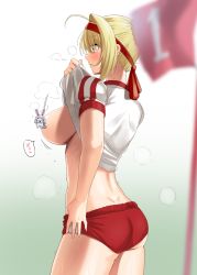 1girl ass blonde_hair blush breasts buruma censored censored_nipples clothes_lift fate/extra fate/grand_order fate_(series) from_behind gachou green_eyes hair_intakes hair_ornament highres large_breasts nero_claudius_(fate) nero_claudius_(olympian_bloomers)_(fate) novelty_censor parted_lips red_buruma shirt shirt_lift short_sleeves single_hair_intake solo sweat thighs white_shirt wiping_face wiping_with_clothes