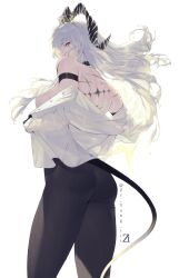 1girl arm_strap artist_name ass black_choker black_eyes black_horns black_pants black_tail breasts cheng_(zi74438982) choker clothes_down commentary cowboy_shot grey_hair hair_censor highres horns large_breasts long_hair looking_at_viewer looking_back multicolored_eyes pants red_eyes shirt simple_background solo symbol-only_commentary tacet_mark_(wuthering_waves) tail two-tone_eyes undressing white_background white_shirt wuthering_waves zani_(wuthering_waves)