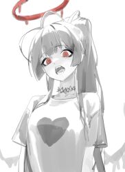 1girl absurdres antenna_hair blood blood_halo blue_archive choker greyscale halo heart heart_print highres liquid_halo long_hair looking_at_viewer monochrome open_mouth ponytail red_eyes red_halo sharp_teeth shirt solo spot_color syc2159 teeth tsurugi_(blue_archive)