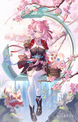 Rule 34 | 1girl, bell, black dress, breasts, cherry blossoms, chinese clothes, chinese commentary, commentary request, cup, disposable cup, diting (honkai: star rail), dress, hair bell, hair ornament, highres, holding, holding cup, honkai: star rail, honkai (series), licking lips, march 7th (honkai: star rail), march 7th (hunt) (honkai: star rail), medium breasts, medium hair, miaogujun, multicolored eyes, one eye closed, pink hair, sitting, tongue, tongue out, two-tone eyes, water, waterfall