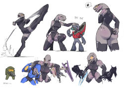 1girl 4boys absurdres adjusting_clothes adjusting_leotard alien among_us armor artist_name ass assault_rifle black_leotard blush boots breasts colored_skin dated digitigrade embarrassed energy_sword closed_eyes furry grey_skin gun halo_(game) headpat high_kick highres holding holding_gun holding_weapon kicking kig-yar leotard multiple_boys muscular muscular_female rifle sangheili sat-v12 simple_background spartan_(halo) spoken_squiggle squiggle standing standing_on_one_leg sword thigh_boots thighhighs unggoy_(halo) weapon white_background yellow_eyes