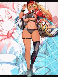 1girl abs absurdres bikini black_bikini blonde_hair breasts cropped_jacket full_body highres holding holding_surfboard jacket large_breasts long_hair navel nuuuuuusi06 open_clothes open_jacket original red_jacket sandals single_thighhigh surfboard swimsuit tan tanline thighhighs