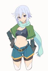 Rule 34 | 1girl, absurdres, aqua scarf, belt, bike shorts, bike shorts under shorts, black belt, black gloves, black shorts, black tank top, blue shorts, breasts, capelet, chris (konosuba), closed mouth, commentary, cowboy shot, cropped legs, elbow gloves, facial scar, gloves, green capelet, grey hair, hand on own hip, highres, kono subarashii sekai ni shukufuku wo!, layered gloves, looking at viewer, navel, noyama takenoko, purple eyes, scar, scar on cheek, scar on face, scarf, short hair, short shorts, shorts, simple background, small breasts, smile, solo, standing, tank top, thighhighs, white background, white thighhighs