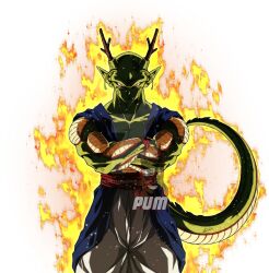 1boy alien alternate_form alternate_universe antennae antlers artist_logo aura belt blue_dougi colored_skin commentary cowboy_shot crossed_arms deviantart_logo deviantart_username dougi dragon_ball dragon_boy dragon_horns dragon_tail dragonball_z english_commentary fiery_aura glowing glowing_eyes green_skin highres horns logo martial_arts_belt muscular muscular_male namekian pants piccolo plusultramanofficial pointy_ears red_belt red_eyes scales solo tail watermark white_pants wristband