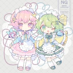 2girls ;d absurdres alternate_costume apron blue_shirt bow bowtie buttons closed_mouth commentary diamond_button enmaided frilled_apron frilled_skirt frills full_body green_eyes green_hair green_shoes green_skirt grey_background grid_background hair_ornament hairclip heart heart_button heart_of_string highres komeiji_koishi komeiji_satori long_sleeves maid maid_headdress multiple_girls nikorashi-ka one_eye_closed open_mouth pink_bow pink_bowtie pink_eyes pink_hair pink_shoes pink_skirt shirt shoes short_hair siblings sisters skirt smile socks symbol-only_commentary third_eye touhou watermark white_apron white_socks wide_sleeves yellow_shirt