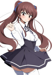 1girl akazawa_izumi another black_skirt blush center_frills frilled_shirt frills from_behind high-waist_skirt highres long_hair looking_back meme_attire nel-c shirt simple_background skirt solo thighhighs twintails virgin_killer_outfit white_background white_thighhighs