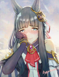 1girl blue_eyes blunt_bangs blush breasts chrono_genesis_(umamusume) closed_mouth commentary_request crying crying_with_eyes_open detached_sleeves grey_hair hair_between_eyes hair_ornament highres horse_girl long_hair looking_at_viewer orusun small_breasts solo tears twitter_username umamusume