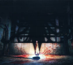 Rule 34 | 1girl, absurdres, artist request, blood, blood on clothes, blood on ground, blood splatter, bloody clothes, bloody dress, building, different shadow, dress, fate/stay night, fate (series), heaven&#039;s feel, highres, matou sakura, night, official art, purple hair, scan, shadow, white dress