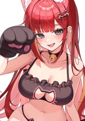 Rule 34 | 1girl, akane lize, animal hands, armpits, bare shoulders, bell, black bra, black choker, black eyes, bra, breasts, cat cutout, cat lingerie, choker, cleavage, cleavage cutout, clothing cutout, frilled bra, frills, gloves, hand up, highres, jingle bell, large breasts, long hair, looking at viewer, meme attire, multicolored hair, navel, open mouth, panties, paw gloves, red hair, simple background, smile, solo, stellive, stomach, streaked hair, string bra, string panties, underwear, very long hair, virtual youtuber, white background, yulha 06