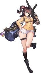 1girl aqua_eyes blazer boots brown_hair full_body game_cg gluteal_fold gun hair_bobbles hair_ornament highres jacket last_origin leg_belt long_hair looking_at_viewer magazine_(weapon) microskirt miniskirt official_art one_side_up paintale panties pantyshot pleated_skirt ribbon rifle sailor_collar skirt socks solo standing suppressor tachi-e thigh_gap thighs tomo_(last_origin) transparent_background underwear weapon white_skirt