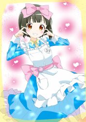 Rule 34 | 1girl, :d, abstract background, anime coloring, apron, apron pouch, belt bow, birthday, blue dress, blunt bangs, border, bow, breasts, broken heart hands, brown eyes, buttons, collar, collared shirt, commentary request, dot nose, double v, dress, feet out of frame, finger heart, frilled apron, frills, gang sign, green hair, grin, hair bow, hands up, hara yui (style), heart, heart background, highres, kin-iro mosaic, koseki masaru, light blush, looking at viewer, medium breasts, medium hair, official alternate costume, official art, oomiya shinobu, open mouth, pink bow, pocket, ribbed dress, shirt, smile, solo, translation request, v, white apron, white collar, yellow border