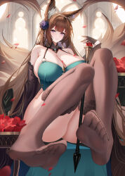 1girl absurdres amagi_(azur_lane) amagi_(cv)_(azur_lane) amagi_(cv)_(throne_of_fallen_petals)_(azur_lane) animal_ears azur_lane bare_shoulders blush breasts brown_hair brown_thighhighs cleavage closed_mouth commentary_request curvy dress feet foot_focus fox_ears fox_girl green_dress highres huge_breasts long_hair looking_at_viewer official_alternate_costume purple_eyes smile soles solo thick_thighs thighhighs thighs very_long_hair wide_hips yijiufantexi