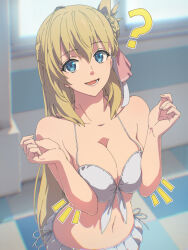 1girl ? agnes_claudel bikini bikini_skirt blonde_hair blue_eyes bun_with_braided_base chiharu_(9654784) double-parted_bangs eiyuu_densetsu frilled_bikini frills front-tie_bikini_top front-tie_top hair_between_eyes hair_bun highres indoors kuro_no_kiseki kuro_no_kiseki_(series) kuro_no_kiseki_ii long_hair looking_at_viewer midriff navel open_mouth side-tie_bikini_bottom single_side_bun smile solo swimsuit white_bikini