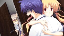 1boy 1girl 3d_background :o black_bow black_ribbon blue_hair blush bow breasts brown_eyes caught chaos;head chaos;head_love_chu_chu! closed_eyes closed_mouth door_handle dutch_angle fingernails from_behind game_cg glasses green_hair grey_eyes hair_bow hair_in_own_mouth hair_ornament hair_ribbon hairpin hug kusunoki_yua long_hair long_sidelocks long_tongue looking_at_another looking_back matsuo_yukihiro medium_breasts multiple_hair_bows narrowed_eyes nishijou_takumi official_art opaque_glasses open_mouth orihara_kozue plaid_clothes plaid_sleeves plaid_trim purple_trim ribbon round_eyewear scared school_uniform shining short_sleeves sidelocks smug spiked_hair suimei_school_uniform suimei_summer_uniform sweat sweatdrop swept_bangs tongue twintails wavy_tongue wide_mouth