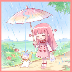 !? 1girl ^^^ ^_^ ahoge animal ankle_socks bag blue_sky blunt_bangs border bow bowtie bush cat chibi chinese_commentary cloak closed_eyes clothed_animal commentary_request cross-laced_clothes cross-laced_dress day dress dress_ribbon ear_covers eyelashes flower grass groceries grocery_bag happy highres holding holding_bag holding_umbrella hood hood_up hooded_cloak light_blush long_hair long_sleeves mary_janes medium_dress momo_(nikki) mountainous_horizon mushroom navel nikki_(nikki) nikki_(series) no_pupils nuan_nuan_-nikki open_mouth outdoors path pinafore_dress pink_border pink_dress pink_flower pink_hair pink_shoes pink_umbrella rain red_bow red_bowtie red_ribbon ribbon road shared_umbrella shining_nikki shirt shoes shopping_bag sidelocks sky sleeveless sleeveless_dress sleeves_past_wrists smile socks spring_onion standing surprised teeth traditional_bowtie tree turn_pale turtleneck turtleneck_shirt umbrella upper_teeth_only v-shaped_eyebrows very_long_hair wet whiskers white_cat white_shirt white_socks yellow_cloak yellow_flower
