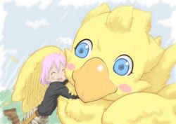 1girl chocobo closed_eyes final_fantasy final_fantasy_fables hug oku_no_shi pink_hair shirma short_hair square_enix