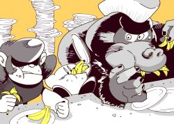 banana bonkers eating food food_in_mouth fruit furry furry_male gorilla gorimondo highres holding holding_plate ikemen_san kirby kirby_(series) kirby_and_the_forgotten_land mouthful nintendo nose_piercing piercing plate plate_stack pye_ji species_connection spot_color sweatdrop