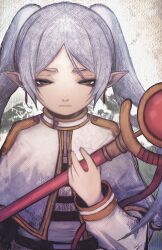 1girl absurdres capelet commentary_request earrings elf expressionless frieren grey_hair highres jewelry lacker_strike_(akkira_setsu) long_hair looking_at_viewer pointy_ears solo sousou_no_frieren staff twintails upper_body
