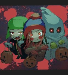 3boys black_jacket blush_stickers brown_jacket costume eric_cartman fangs gloves green_hat halloween_bucket hat jack-o&#039;-lantern jacket ku_klux_klan kyle_broflovski male_focus multiple_boys raggedy_andy raggedy_ann_(series) red_eyes red_gloves red_hair robe smile south_park stan_marsh tairiku vampire_costume white_gloves white_robe yellow_gloves