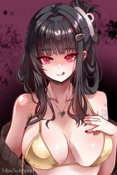 1girl arm_tattoo barcode barcode_tattoo bikini black_hair black_nails commentary d_(killer_wife)_(nikke) d_(nikke) english_commentary goddess_of_victory:_nikke gold_bikini grey_sweater heart heart_necklace highres jewelry licking_lips looking_at_viewer mask medium_hair mouth_mask necklace nekoponart purple_background red_eyes solo sweater swimsuit tattoo tongue tongue_out upper_body
