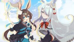 2girls :d absurdres aki&#039;z amiya_(arknights) animal_ears arknights balloon black_gloves black_shirt blue_choker blue_eyes brown_hair capelet choker closed_mouth commentary commentary_request english_commentary flower frostnova_(arknights) gloves grey_capelet grey_eyes grey_hair hair_between_eyes hair_flower hair_ornament hair_over_one_eye highres holding holding_balloon jewelry lace-trimmed_capelet lace_trim light_particles long_hair lower_teeth_only mixed-language_commentary multiple_girls multiple_rings one_eye_covered open_mouth partial_commentary ring scar scar_on_face scar_on_nose shirt smile teeth white_flower