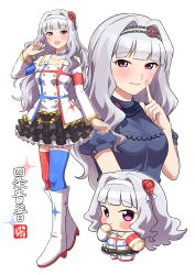 1girl absurdres black_shirt black_skirt blue_choker blue_thighhighs blunt_bangs blush blush_stickers boots chain character_name chibi chibi_inset choker eyelashes finger_to_mouth flower frilled_skirt frills full_body gold_trim hair_flower hair_ornament hairband highres idolmaster idolmaster_(classic) idolmaster_million_live! idolmaster_million_live!_theater_days long_hair long_sleeves looking_at_viewer mismatched_thighhighs multicolored_choker multicolored_hairband multiple_views ngetyan no_sclera official_alternate_costume parted_lips pink_eyes puffy_short_sleeves puffy_sleeves red_choker red_flower red_thighhighs shijou_takane shirt short_sleeves shushing signature skirt smile solo sparkle sparkle_print starpiece_memories_(idolmaster) thighhighs turtleneck upper_body wavy_hair white_background white_boots white_hair white_hairband
