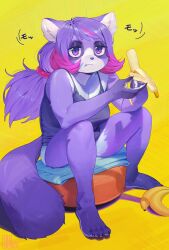 1girl :t animal_ears artist_name banana barefoot body_fur breasts camisole claws cleavage eating food fruit furry furry_female half-closed_eyes highres holding holding_food holding_fruit inuki_(aruurara) low_ponytail multicolored_hair original panties pink_hair ponytail purple_eyes purple_fur purple_hair raccoon_ears raccoon_girl raccoon_tail simple_background sitting slouching solo sound_effects striped_clothes striped_panties tail two-tone_hair underwear yellow_background