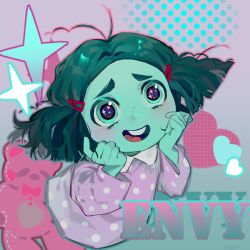 1girl antenna_hair blue_background blue_eyes blue_hair blue_skin blush character_name collared_dress colored_skin dress envy_(inside_out_2) freckles gradient_background hair_ornament hairclip hands_on_own_face hands_up heart highres inside_out inside_out_2 kugai697139 long_sleeves open_mouth polka_dot polka_dot_dress purple_background purple_dress short_hair smile solo sparkle sparkling_eyes stuffed_animal stuffed_toy teddy_bear teeth tongue two-tone_background wavy_hair wide_sleeves