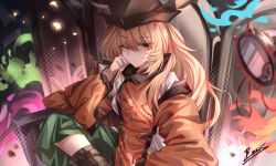 Rule 34 | 1girl, absurdres, blonde hair, blurry, boots, breasts, brown hat, closed mouth, commentary, constellation print, crossed legs, depth of field, detached sleeves, drum, english commentary, green skirt, hair between eyes, hand on own cheek, hand on own face, hat, highres, instrument, long hair, long sleeves, looking at viewer, matara okina, one eye closed, orange sleeves, orange tabard, signature, sitting, skirt, solo, sun print, tabard, top-exerou, touhou, tsuzumi, wide sleeves, yellow eyes
