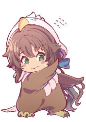 1girl absurdres animal_costume bird blush brown_hair commentary eiyuu_densetsu embarrassed english_commentary eyelashes flying_sweatdrops green_eyes hair_between_eyes hawk hawk_tuah_(meme) highres medium_hair meme naisu_(nai_su01) sen_no_kiseki_(series) sen_no_kiseki_i simple_background solo towa_herschel wavy_mouth white_background